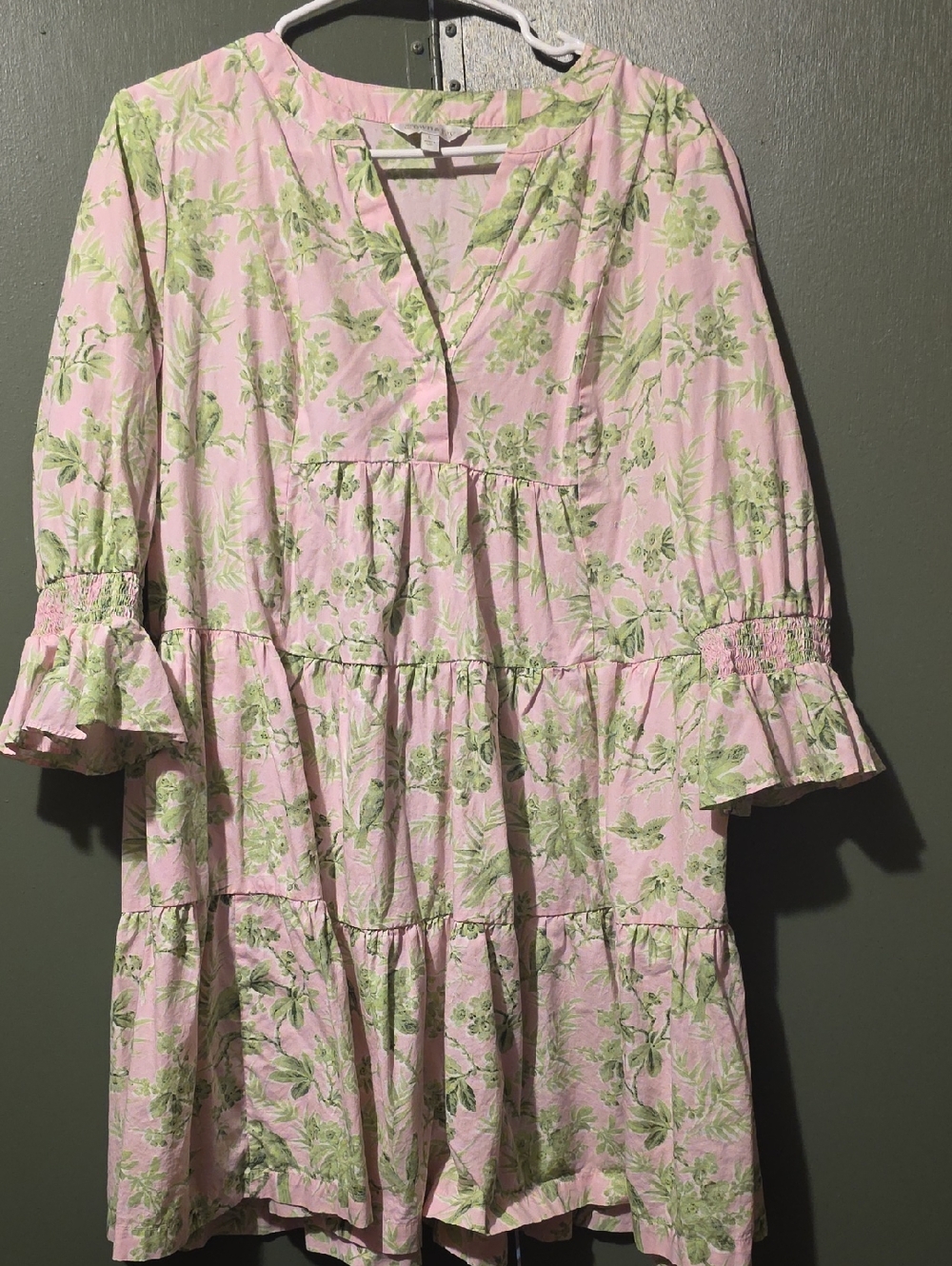 crown & ivy Pink Floral Tiered Midi Dress with Green Print